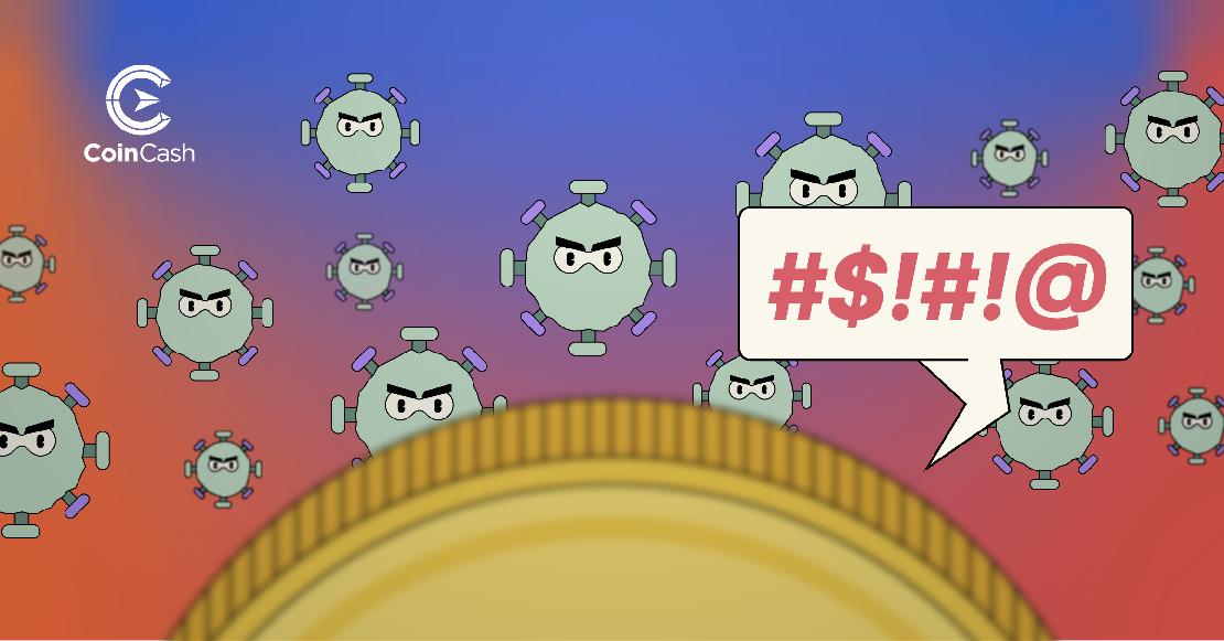 Bitcoin érme káromkodást jelző szövegbuborékkal koronavírusokkal szemben állva